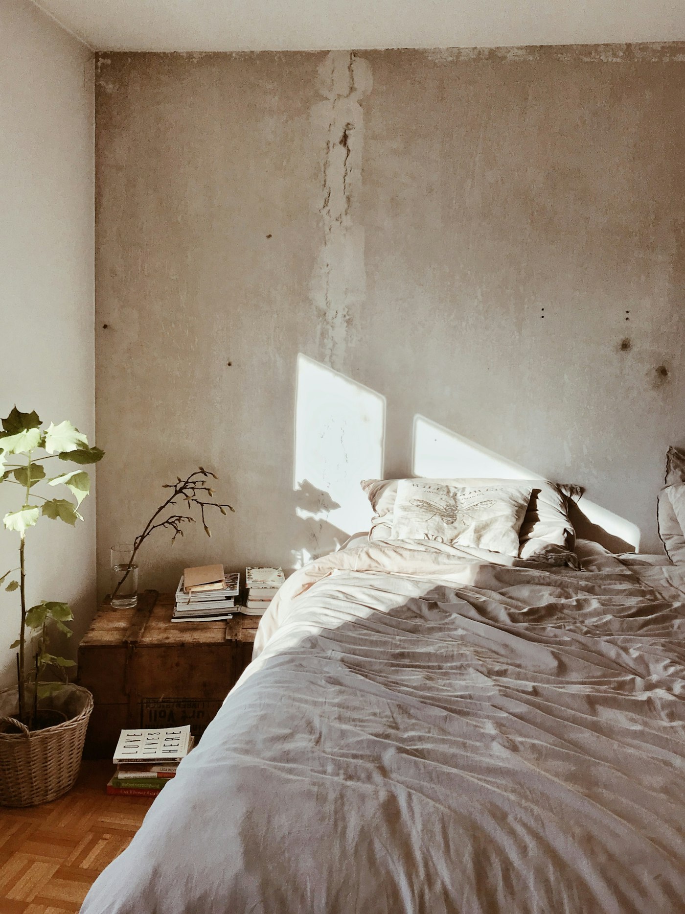 Sunlit minimalist bedroom with natural textures