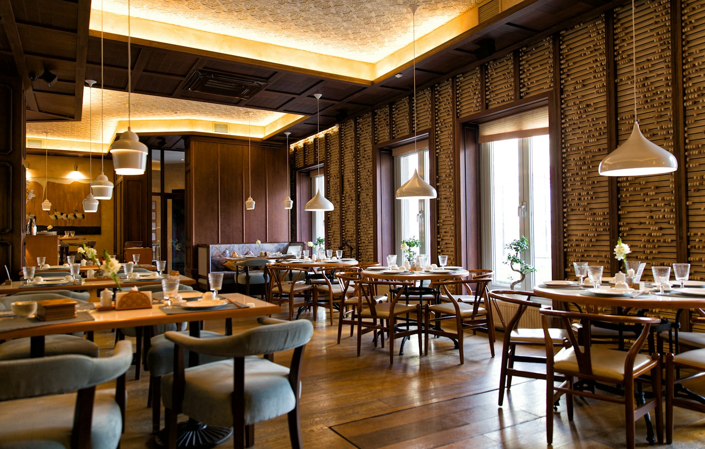 Warmly lit commercial restaurant interior